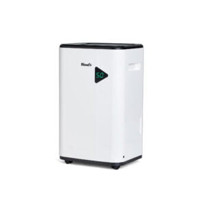 Wood's MDX20P dehumidifier with pump - Side view showcasing a display indicating room humidity level. Effectively removes moisture, preventing mold