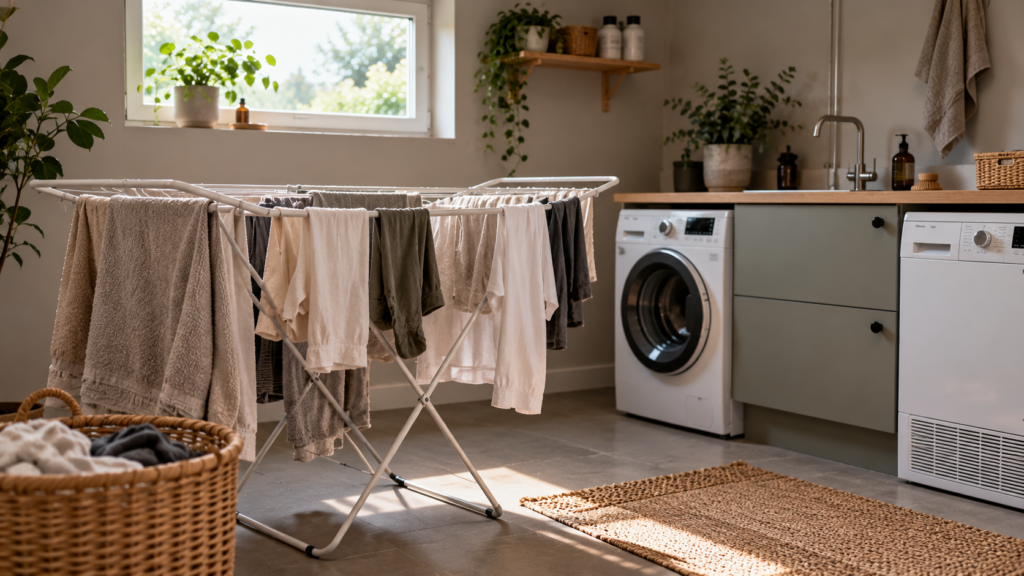 Laundry hanging to dry in the laundry room